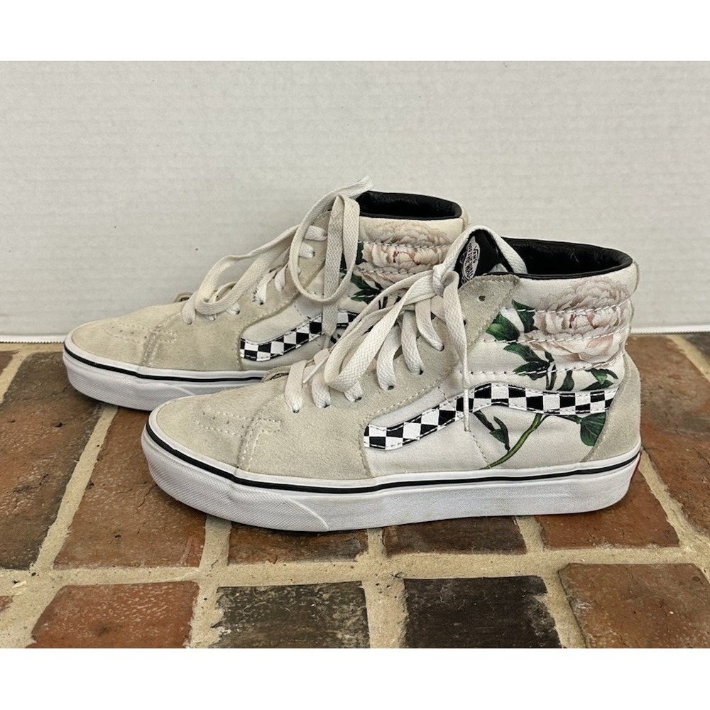 VANS Sk8-Hi Checker Floral High Tops Sneakers Women's 7 White & Cream